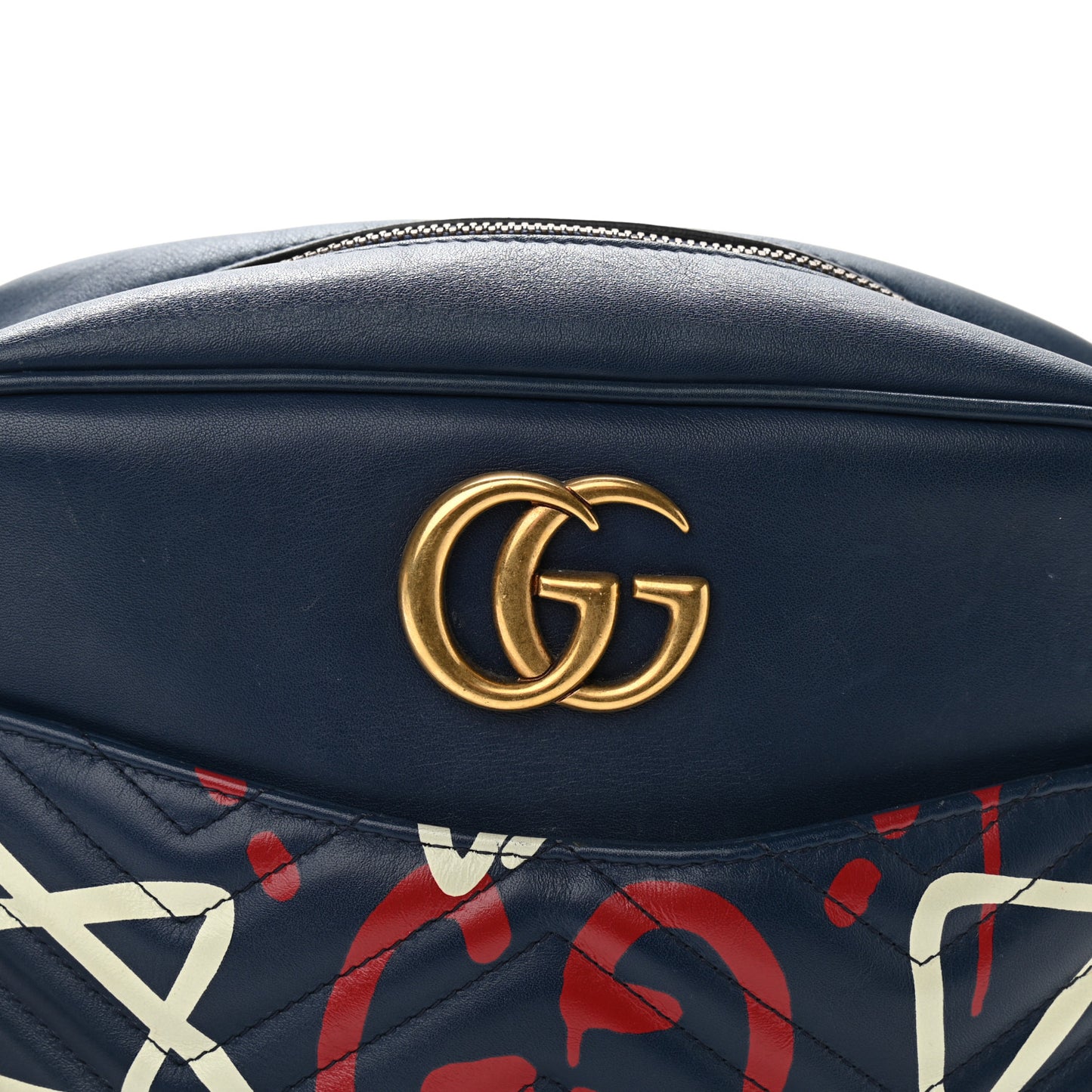Calfskin Matelasse GucciGhost Medium GG Marmont Chain Shoulder Bag Blue Agata Hibiscus Red