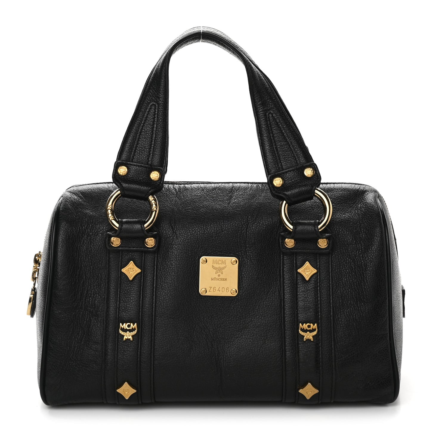 Grained Calfskin Studded Boston Bag Black
