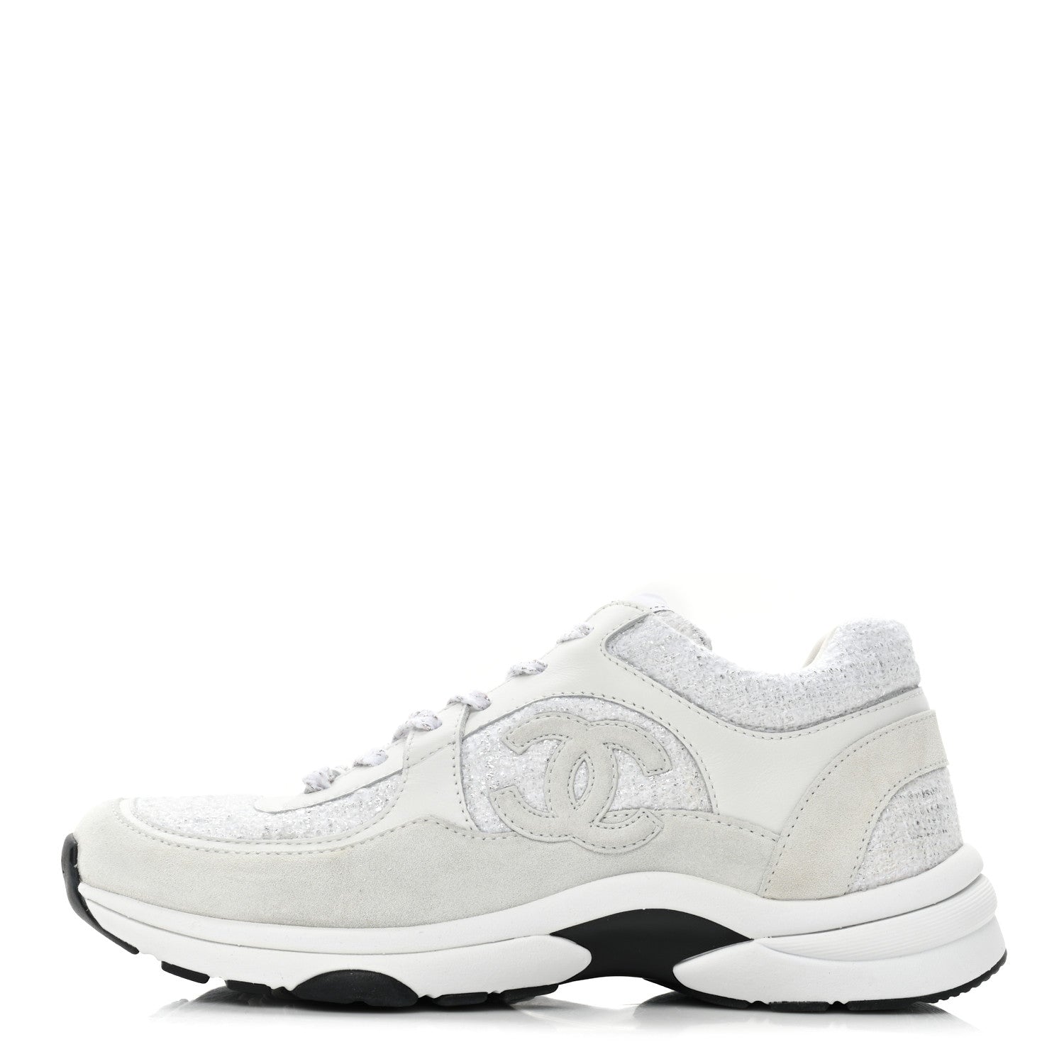 Chanel Painted Iridescent Cotton Tweed Suede Calfskin Womens CC Sneakers 39.5 White Silver Multicolor 1 of 8