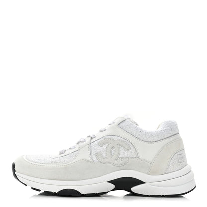 Chanel Painted Iridescent Cotton Tweed Suede Calfskin Womens CC Sneakers 39.5 White Silver Multicolor 1 of 8