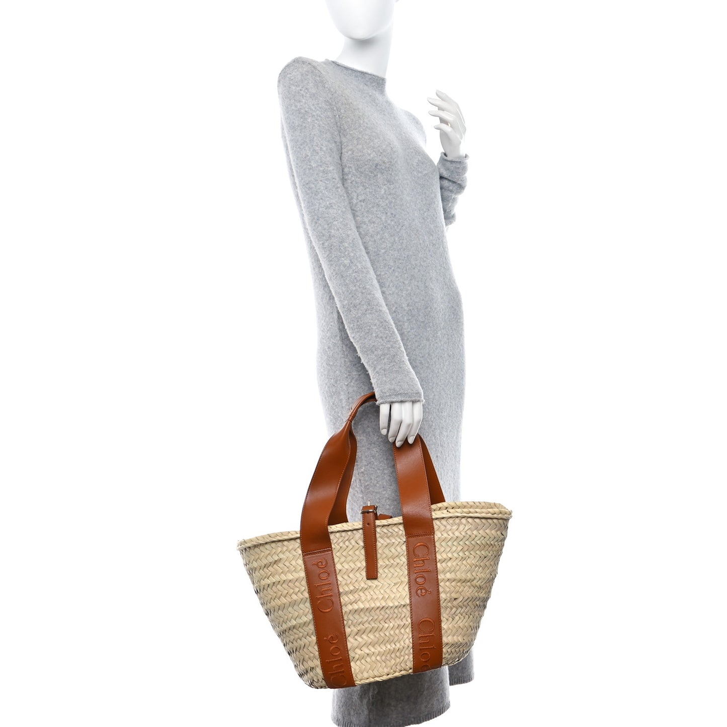 Raffia Smooth Calfskin Medium Sense Basket Caramel