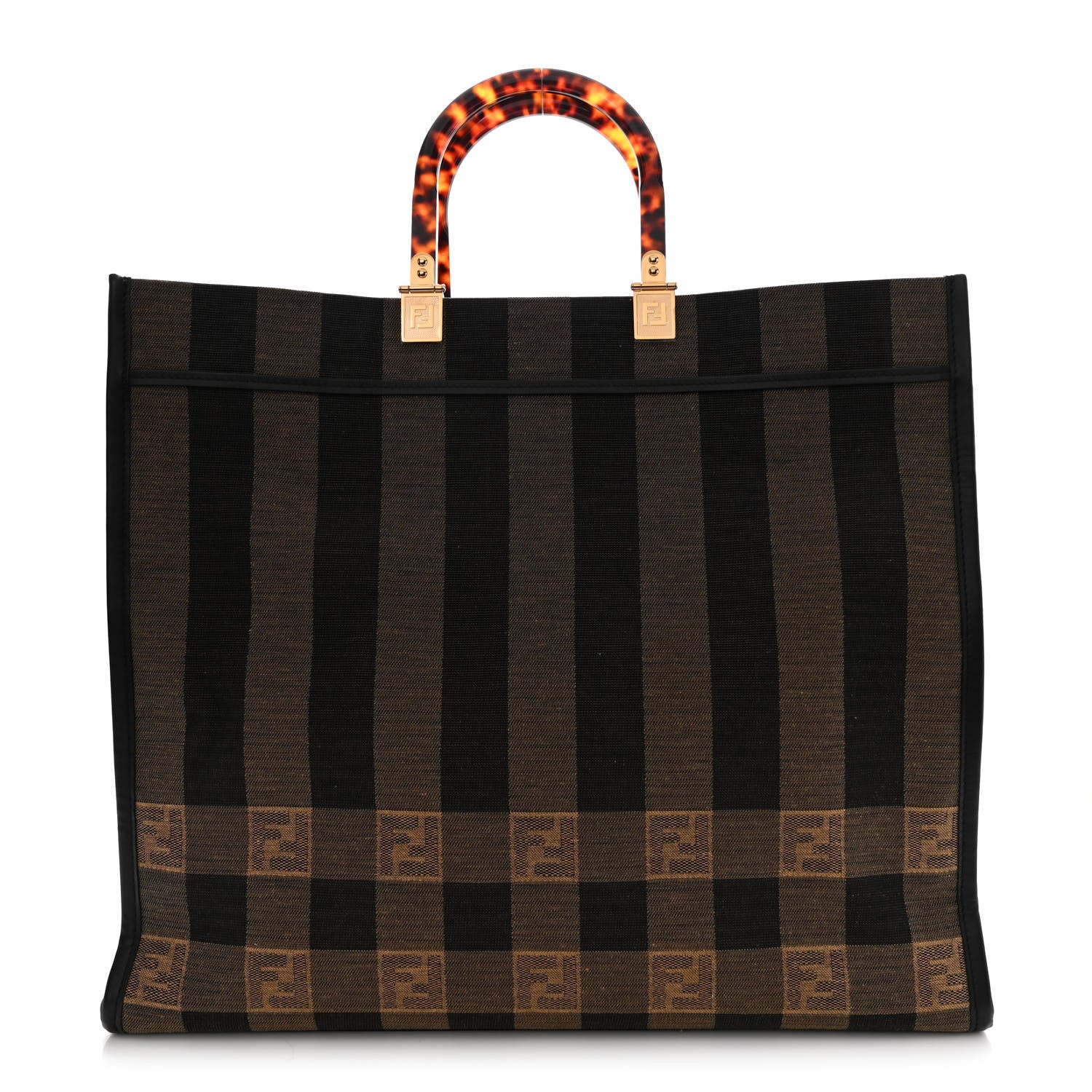 Fendi Fabric Jacquard Vitello Seta Plexiglass Pequin Gingham Large Fendi Sunshine Shopper Tote Tobacco Moro Black 1 of 10