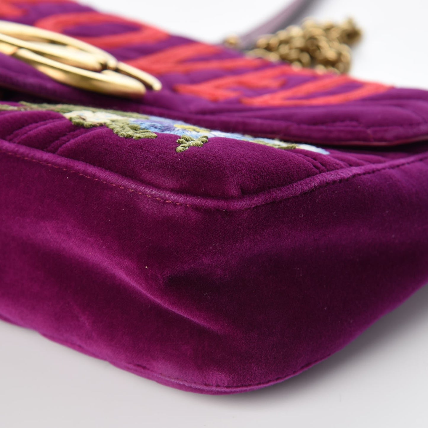 Velvet Matelasse Loved Embroidered Medium GG Marmont Shoulder Bag Fuchsia Violet Cyclamen