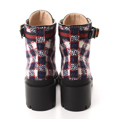 Gucci Vintage Tweed Check Lace Up Combat Ankle Boots 40.5 White Hibiscus Red Marine 5 of 10