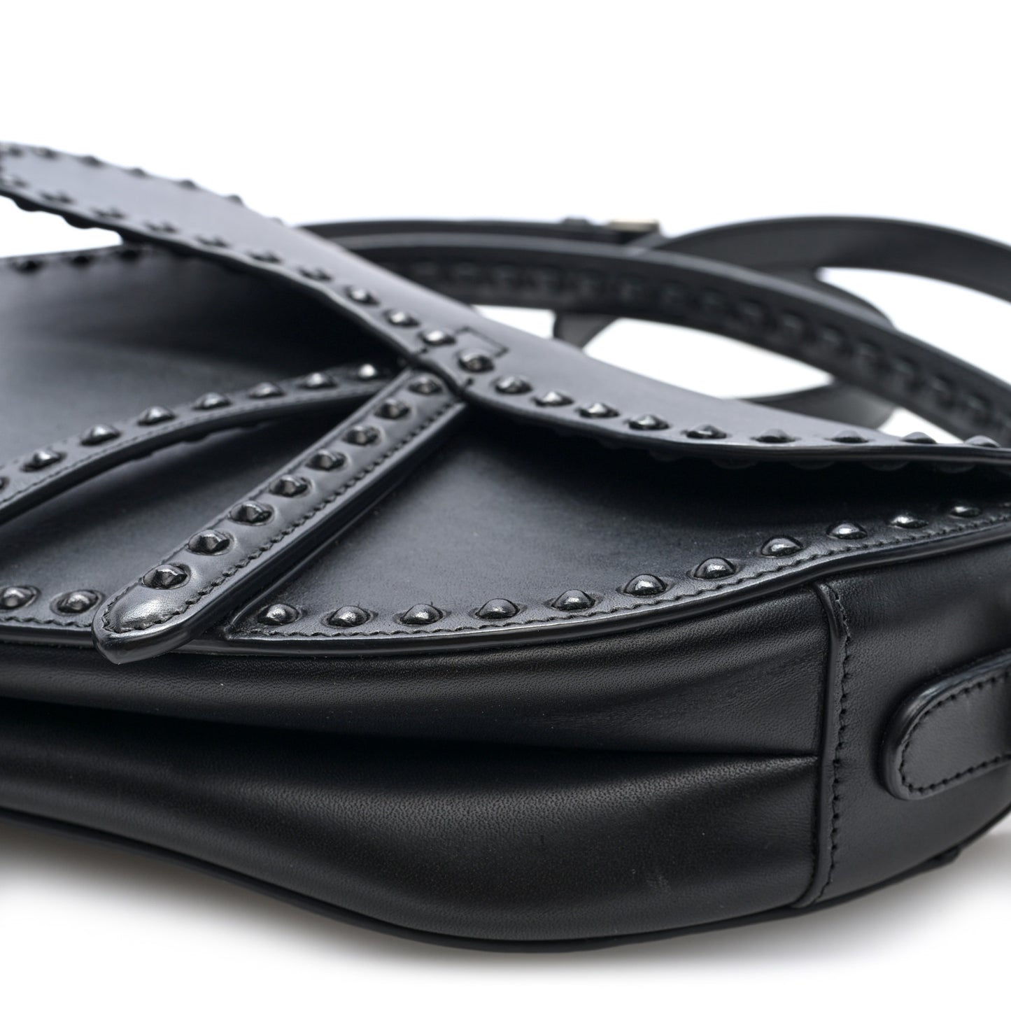 Calfskin Studded Saddle Bag With Strap Black
