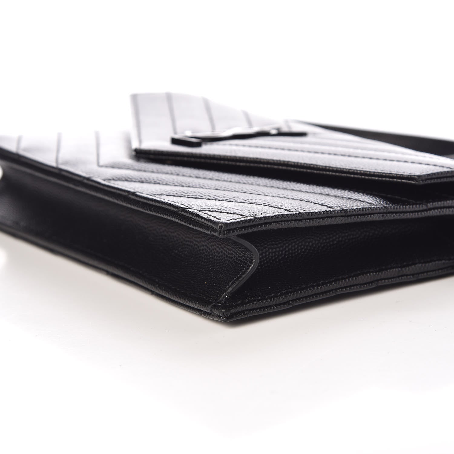 Saint Laurent Grain De Poudre Matelasse Chevron Monogram Envelope Chain Wallet Black 6 of 9