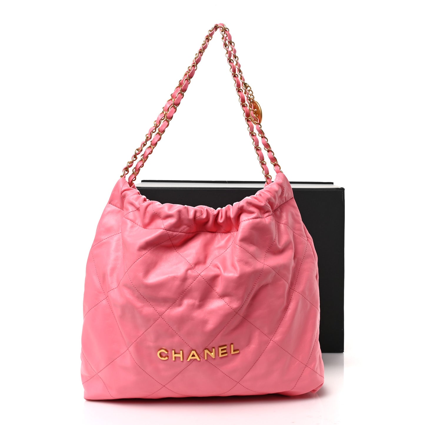 Shiny Calfskin Quilted Chanel 22 Drawstring Bag Pink
