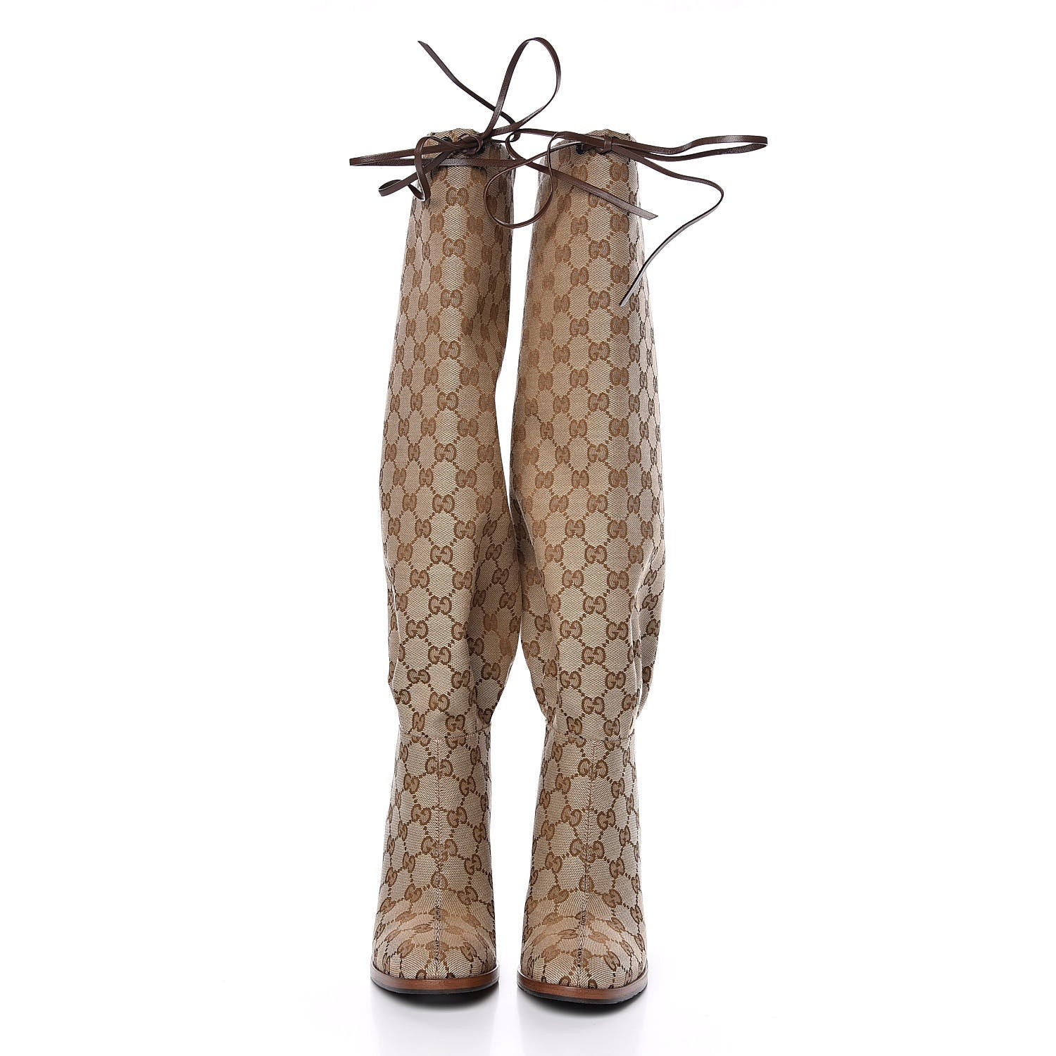 Gucci Monogram Malaga Kid Lisa Mid Heel Boots 37 Beige Ebony 2 of 8