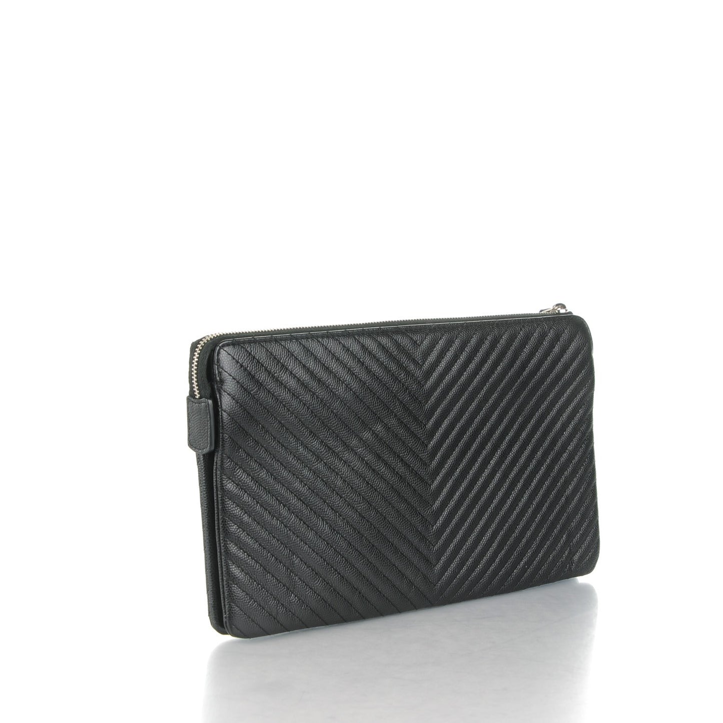 Caviar Chevron Quilted Large Zipped Clutch Black