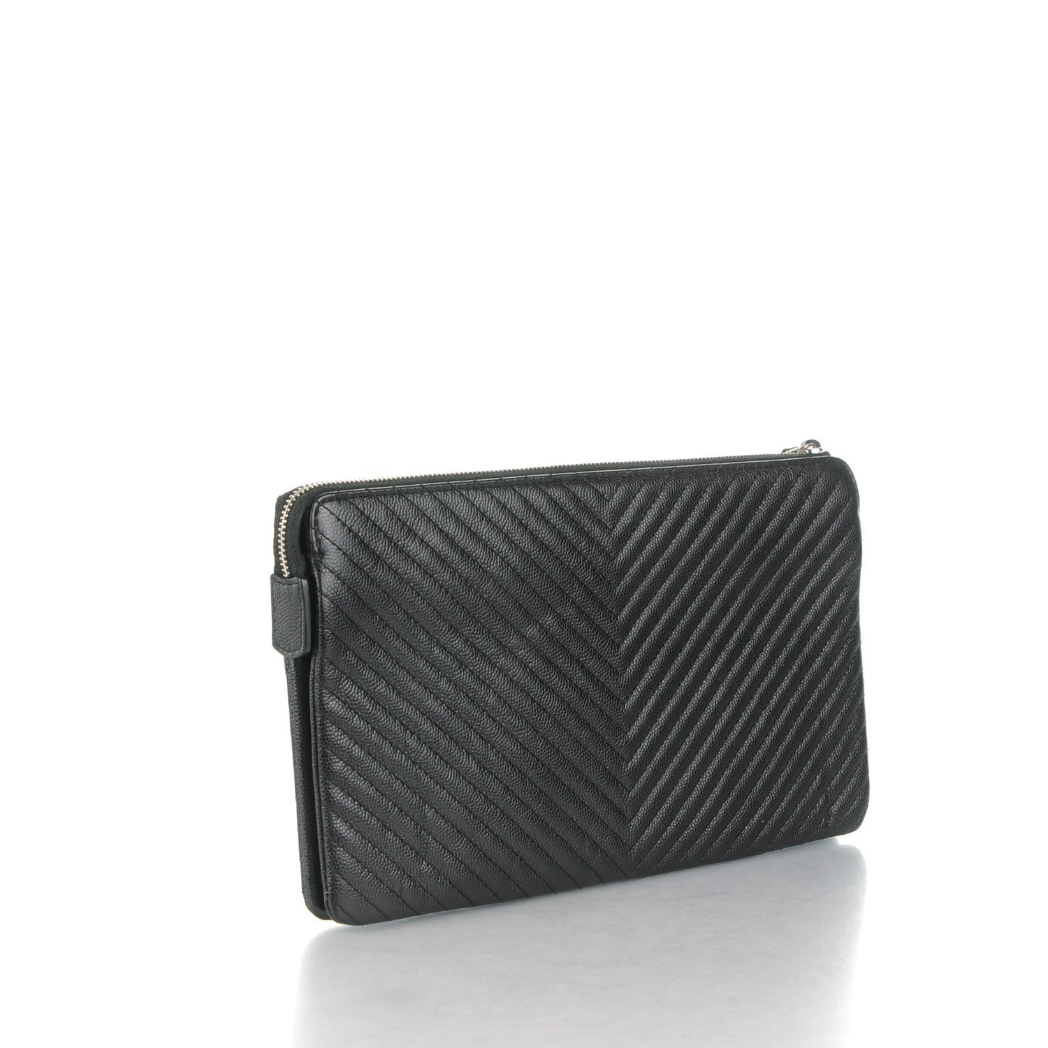 Chanel Caviar Chevron Quilted Large Zipped Clutch Black 3 of 8