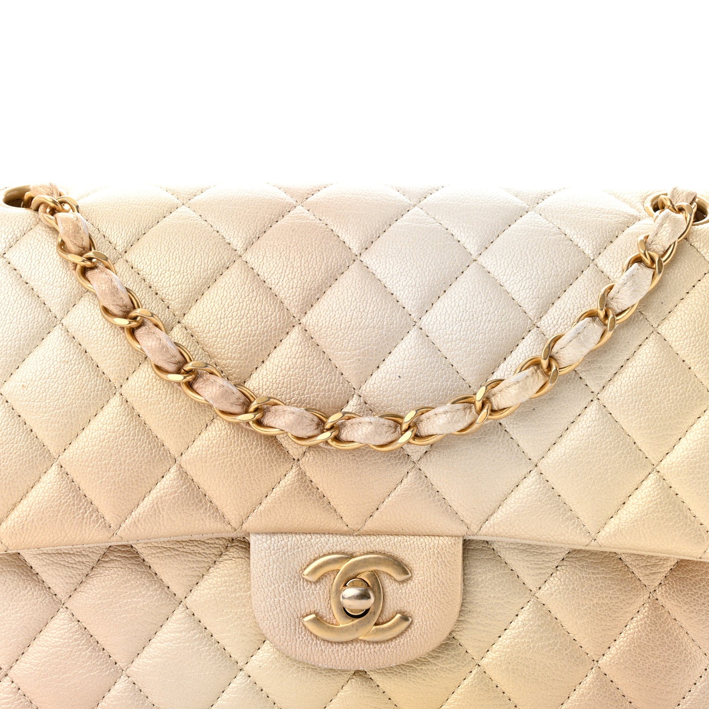 Metallic Goatskin Quilted Ombre Medium Double Flap Gold