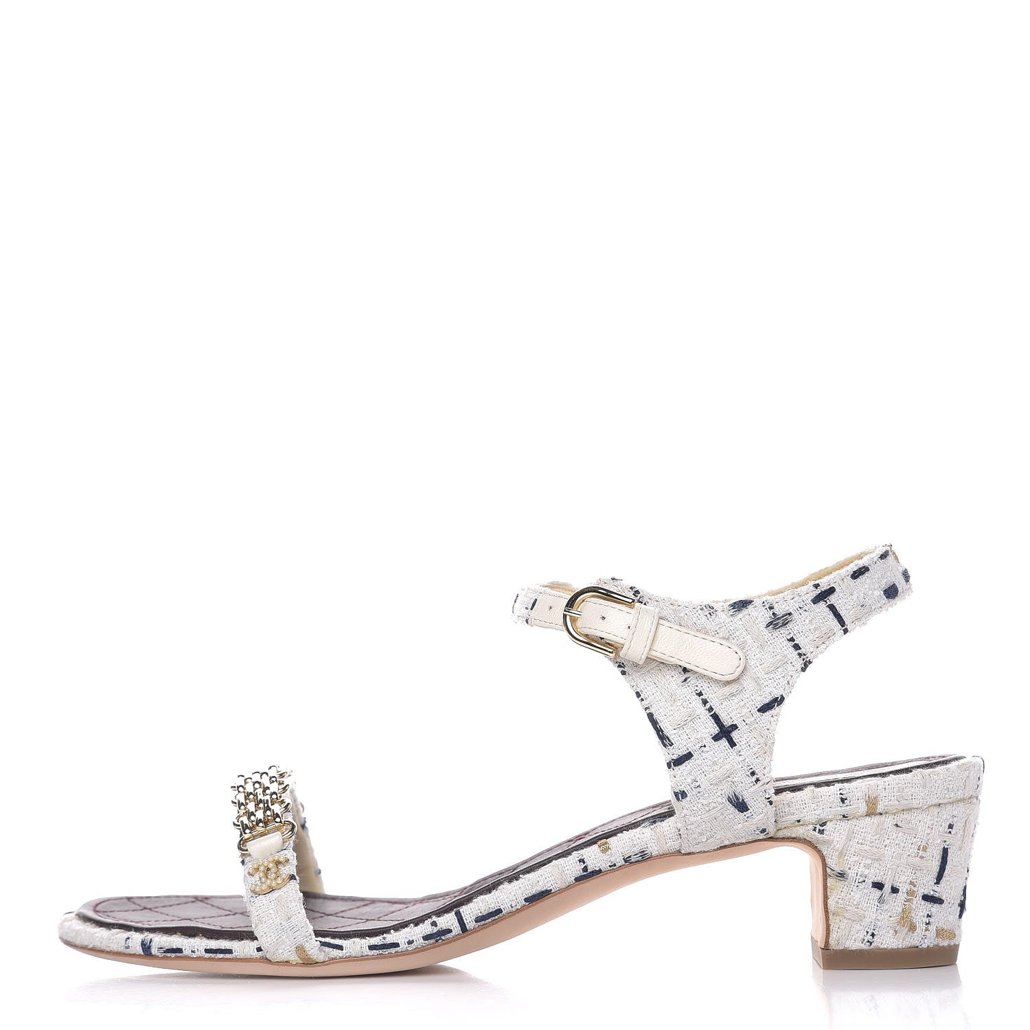 Chanel Tweed Chain Sandals 39.5 White Ecru Navy Gold 1 of 10