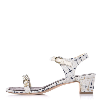 Chanel Tweed Chain Sandals 39.5 White Ecru Navy Gold 1 of 10