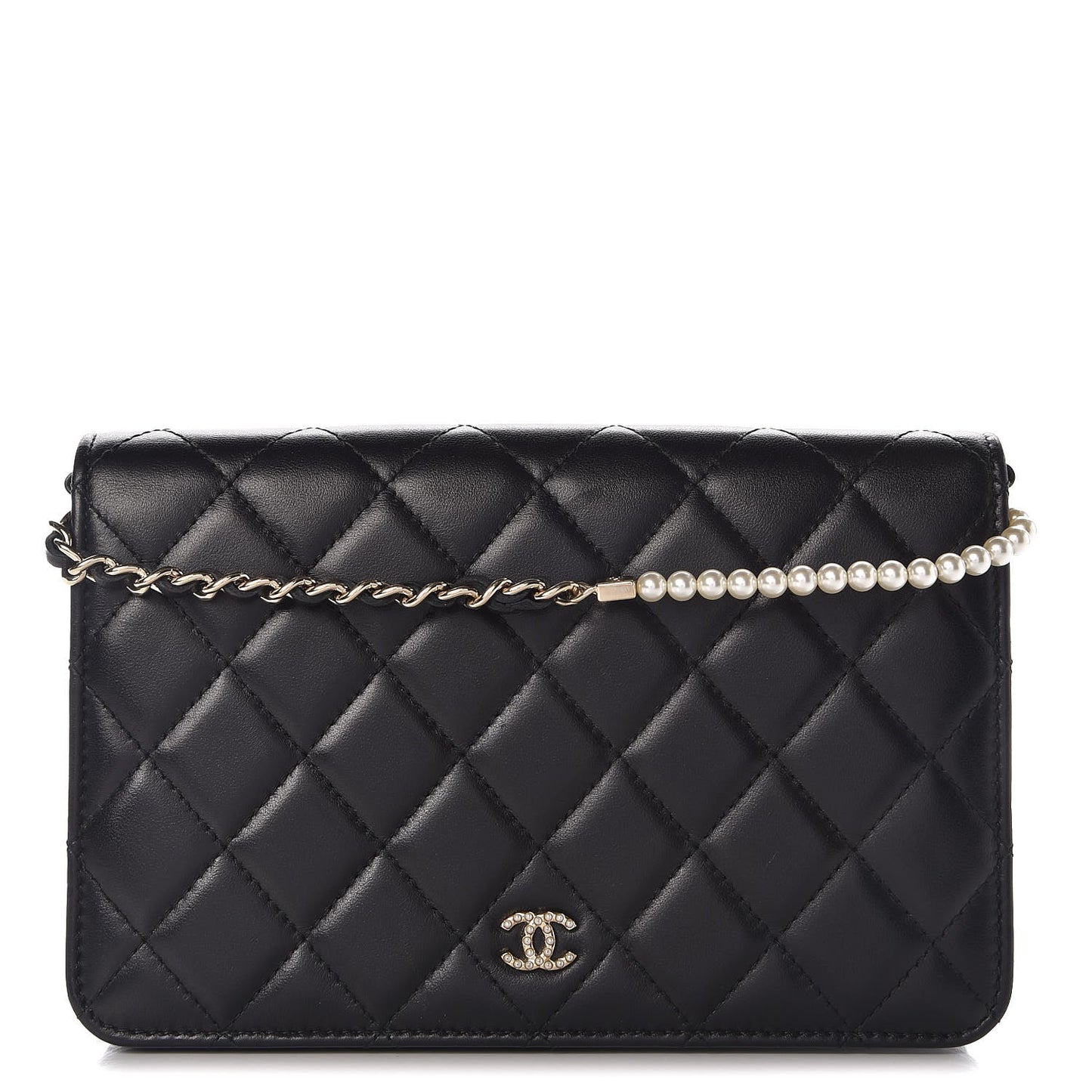 Lambskin Quilted Pearl Wallet On Chain WOC Black