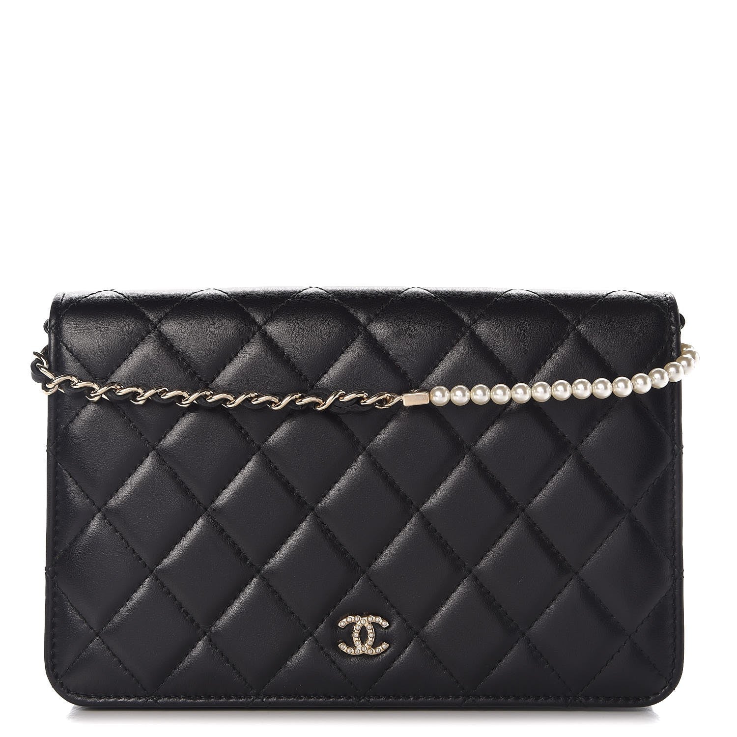 Chanel Lambskin Quilted Pearl Wallet On Chain WOC Black 1 of 9