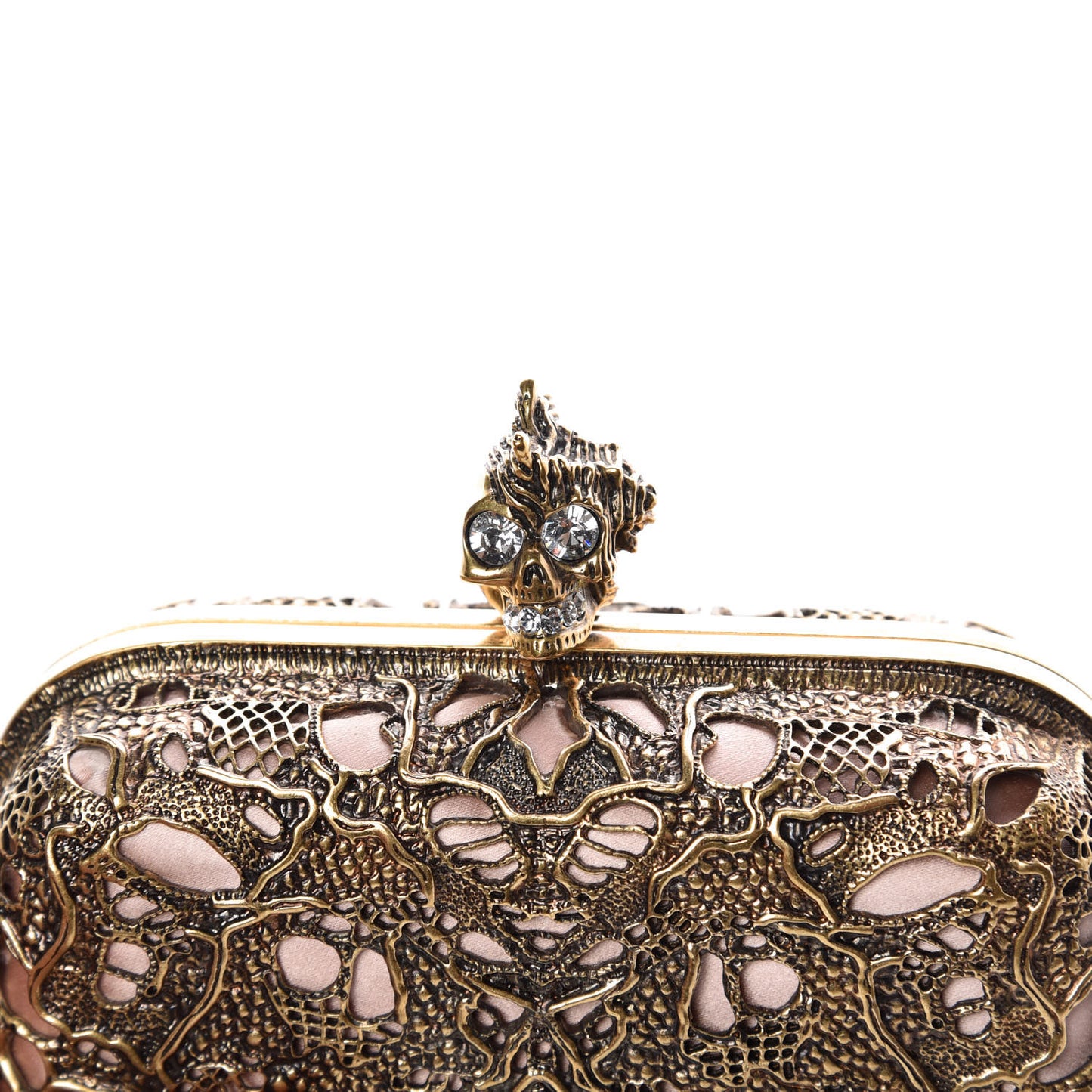 Metal Filigree Crystal Embellished Duchesse Skull Box Clutch Gold