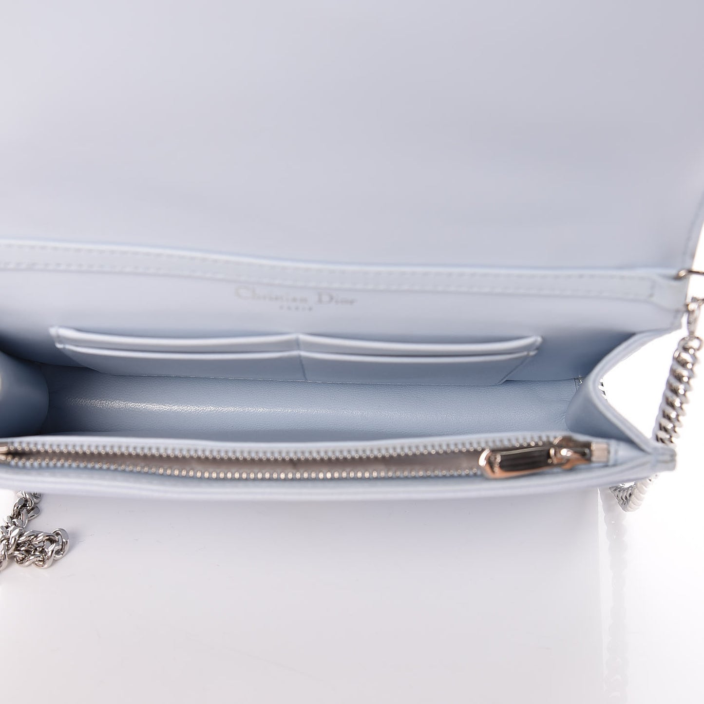 Grained Calfskin Diorama Wallet on Chain Pouch Light Blue
