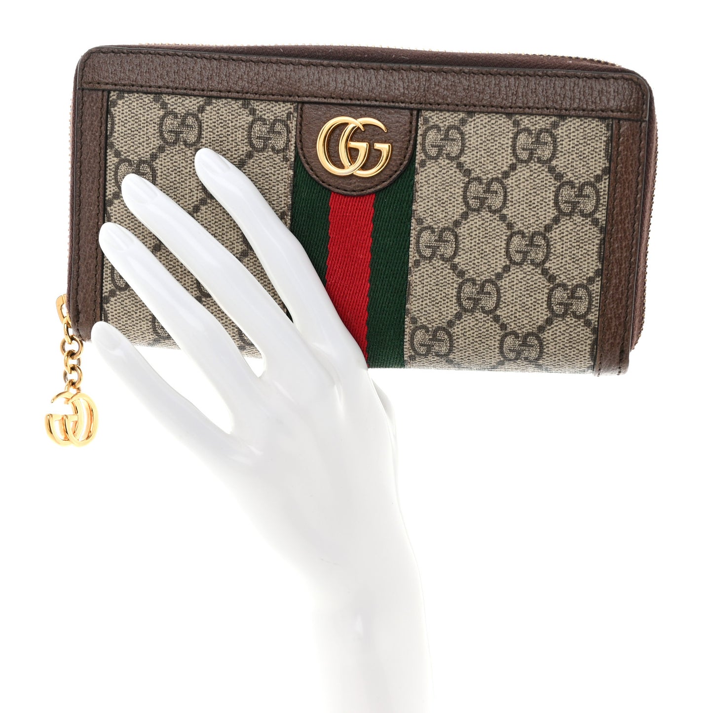 GG Supreme Monogram Web Ophidia Zip Around Wallet Brown