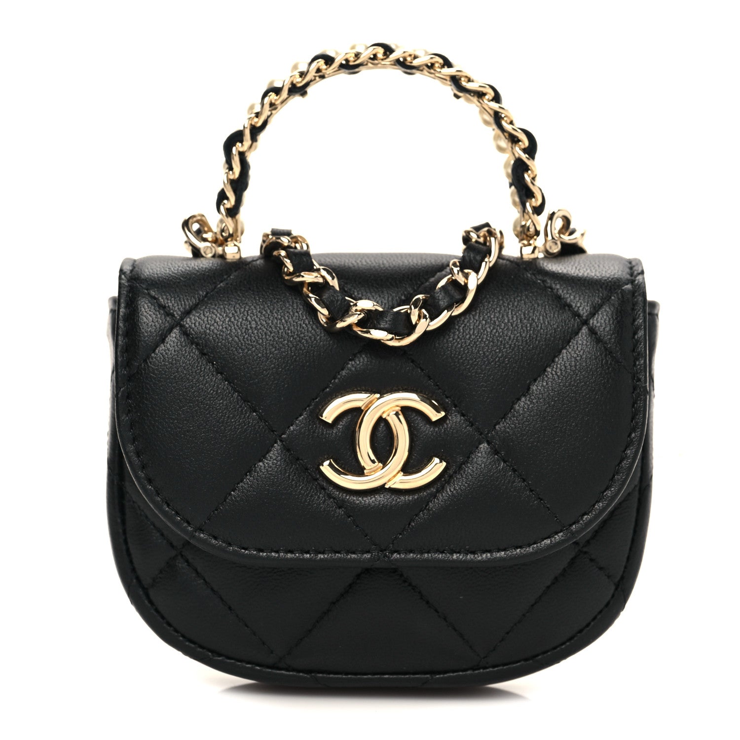 Chanel Lambskin Quilted Pearl Top Handle Clutch With Chain Black 1 of 11