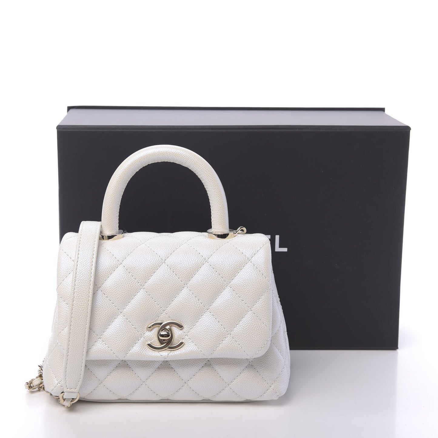 Iridescent Caviar Quilted Extra Mini Coco Handle Flap Ivory