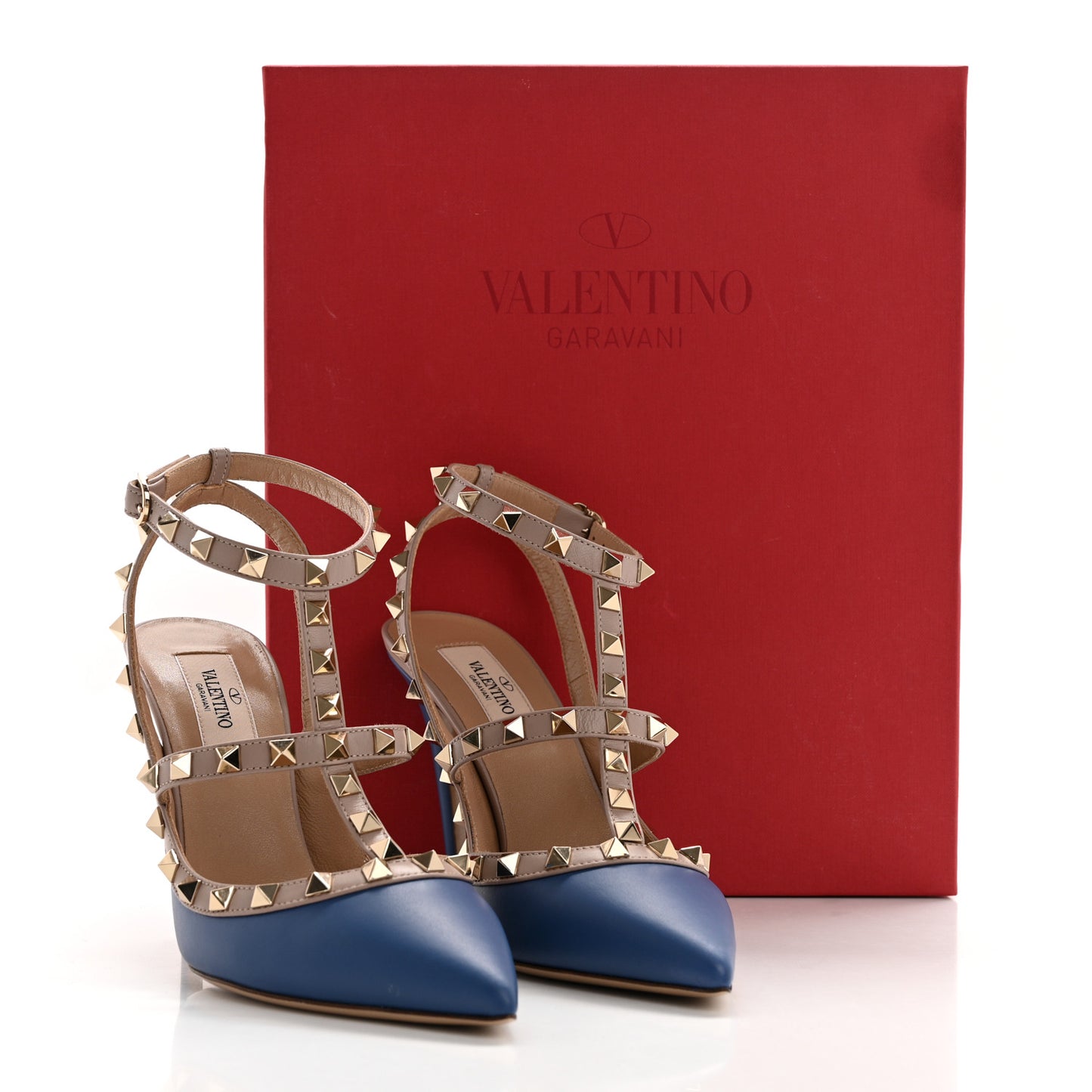 Calfskin Nappa Rockstud Ankle Strap 100mm Pumps 37.5 Baltique Poudre