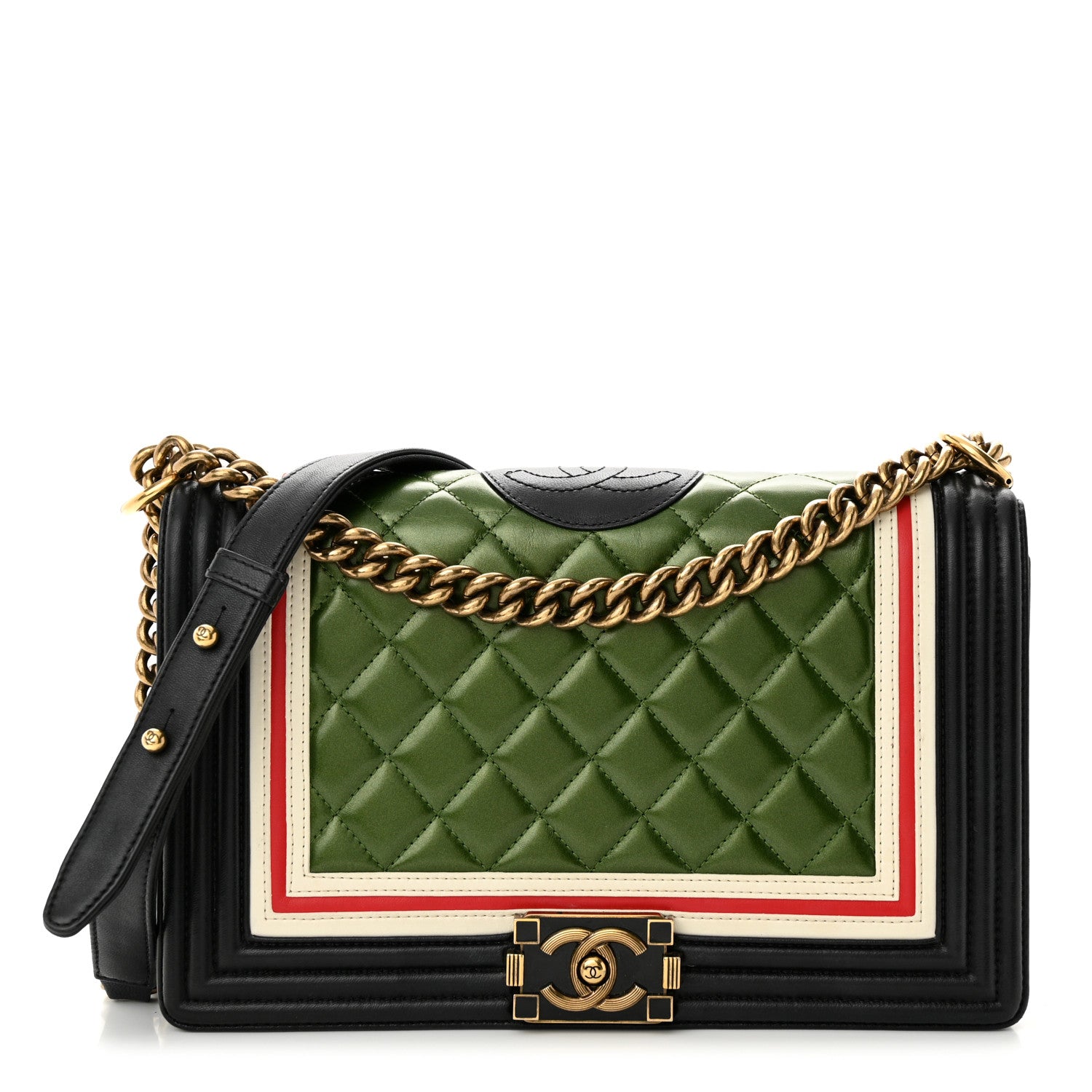 Chanel Lambskin Quilted Crest Embellished New Medium Boy Flap Black White Green 1 of 10