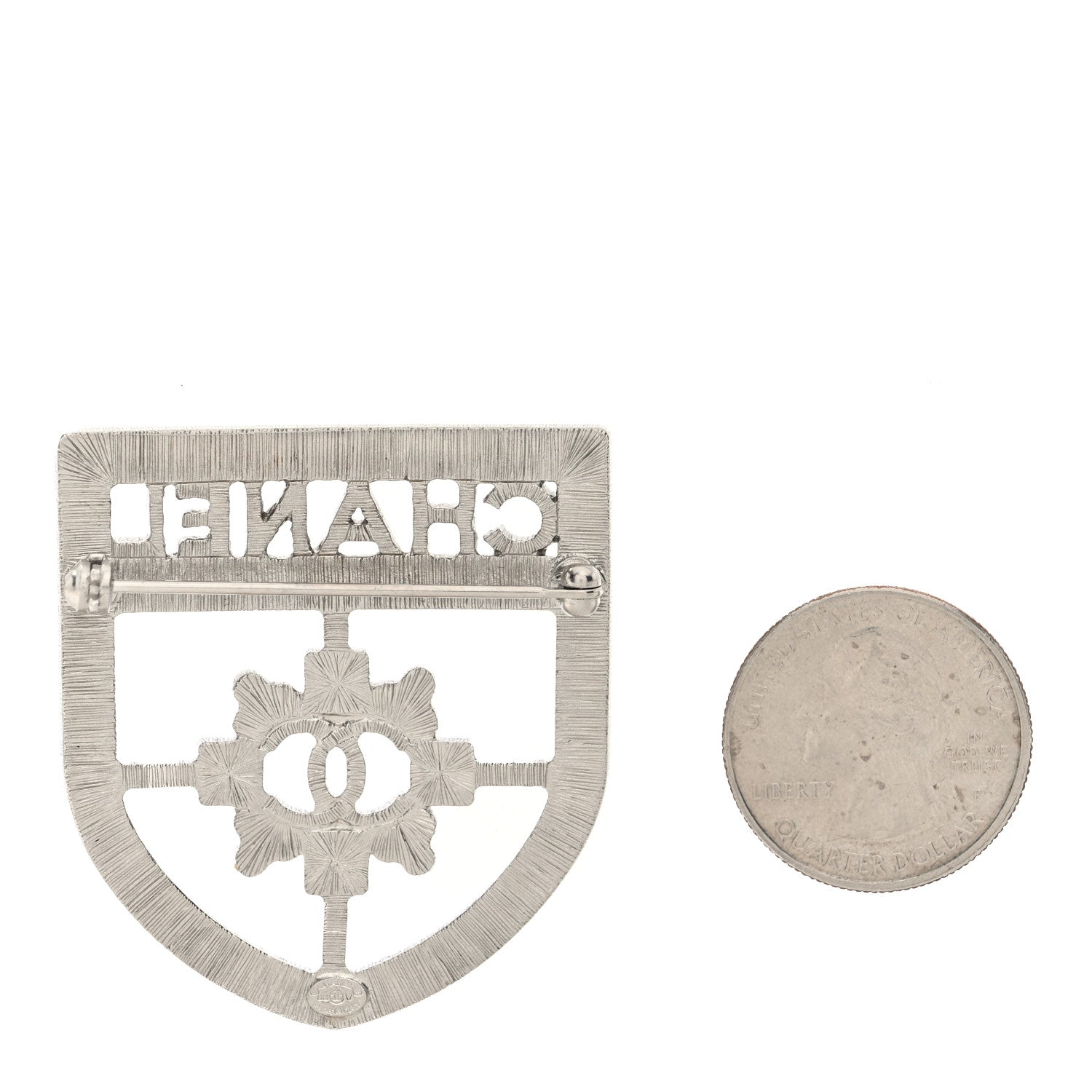 Chanel Swarovski Baguette Crystal CC Shield Brooch Silver 2 of 3