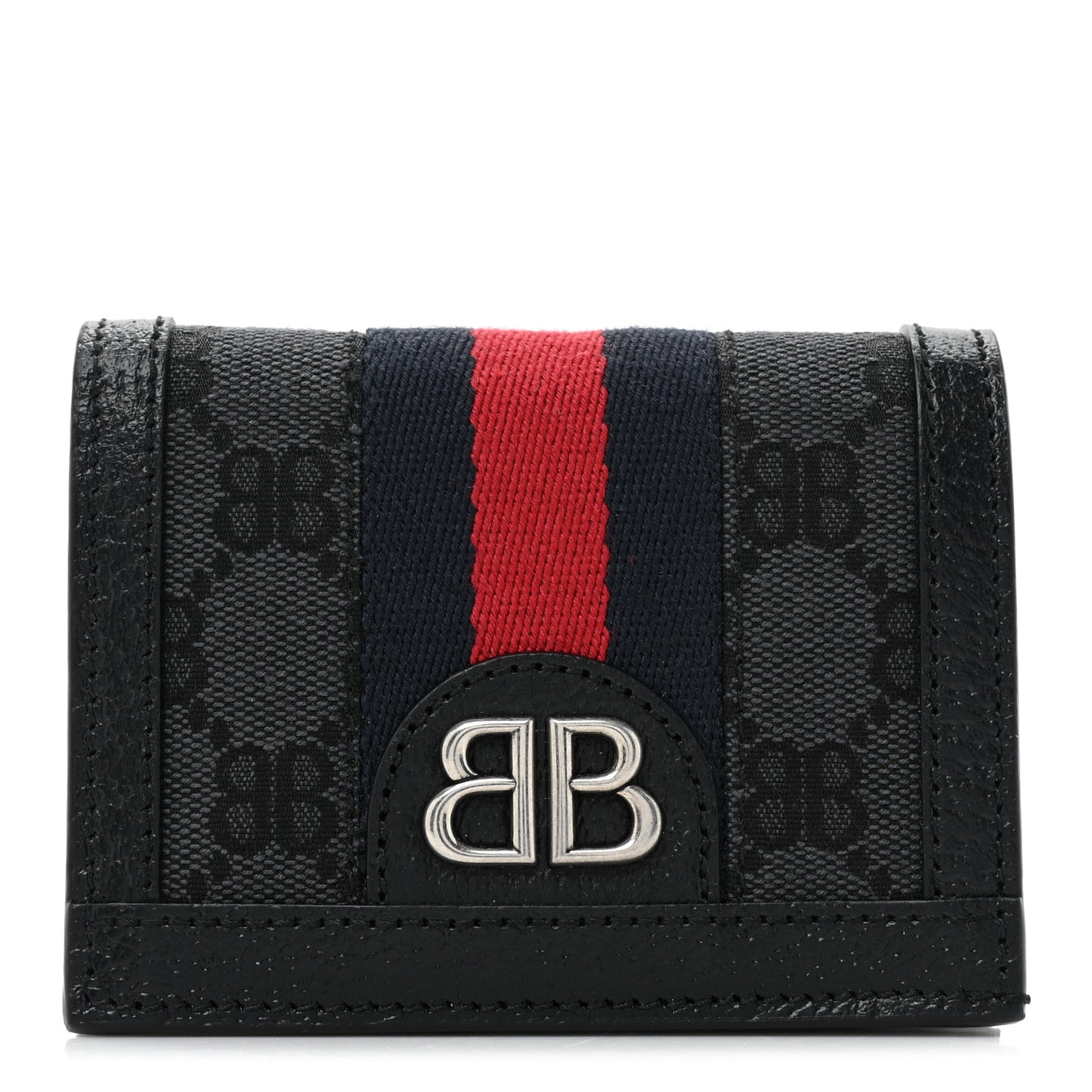 X BALENCIAGA BB Monogram Web Ophidia Card Case Wallet Black