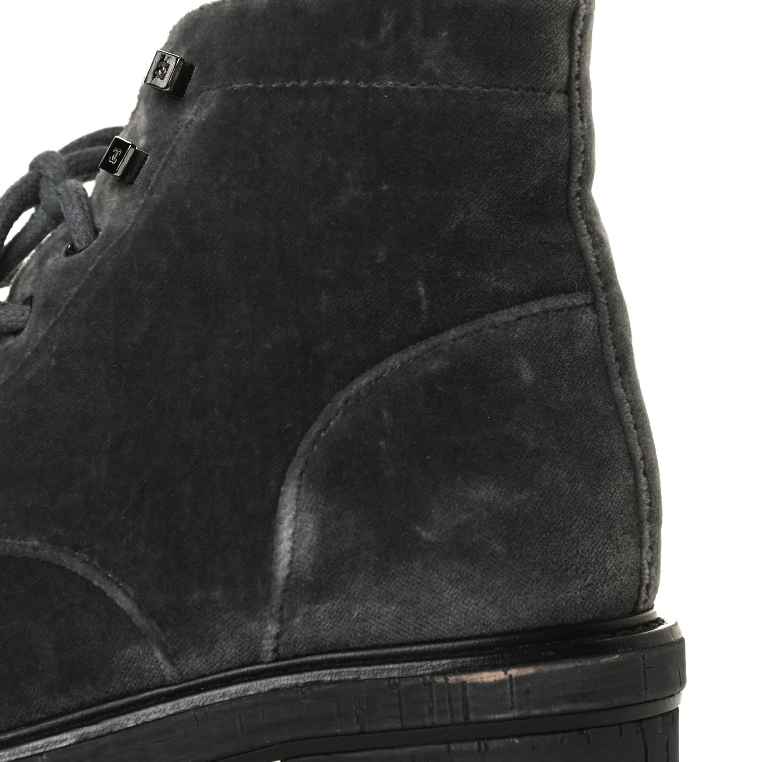 Chanel Velvet Patent Calfskin Lace Up Combat Boots 35.5 Grey Black 10 of 11