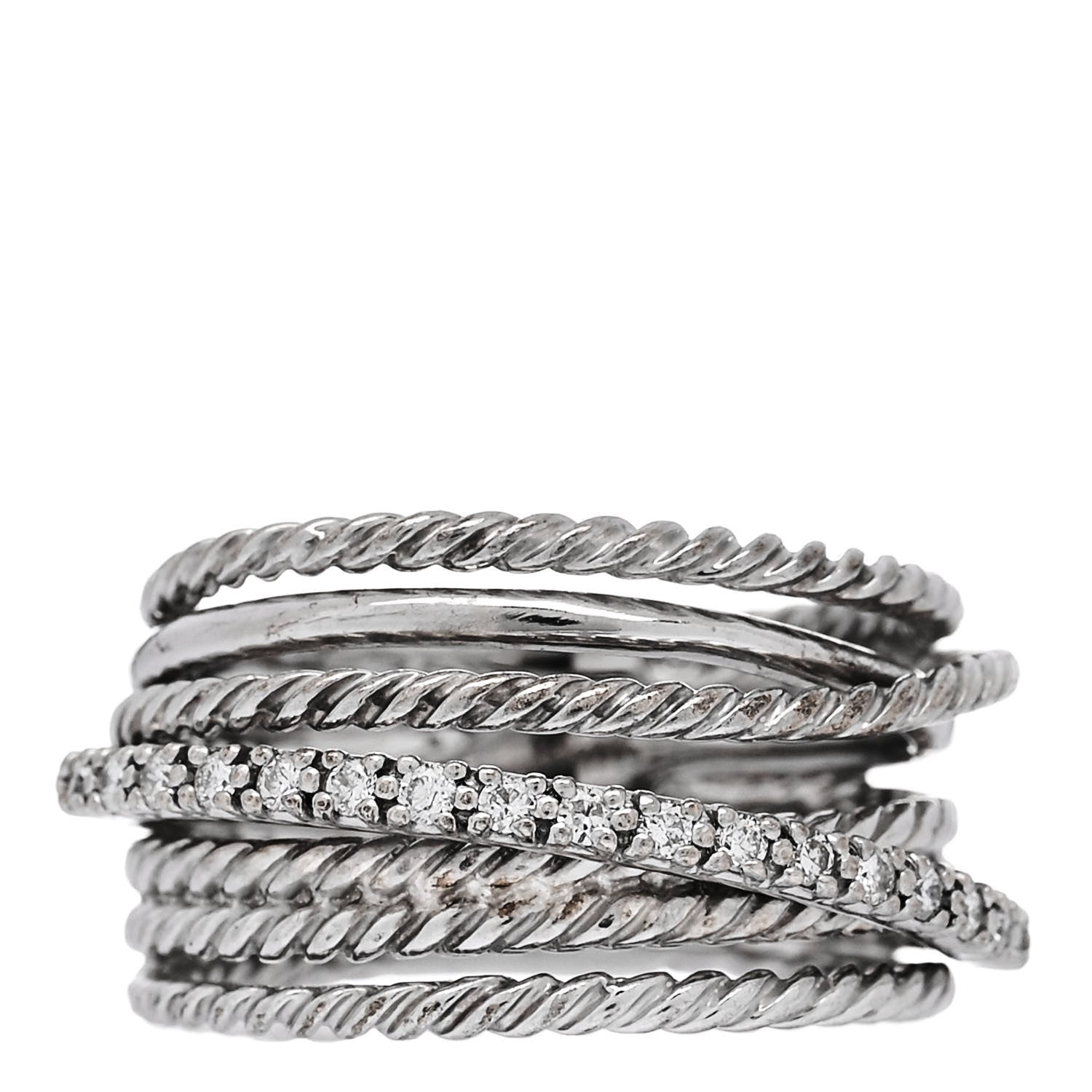 David Yurman Sterling Silver Diamond 11mm Wide Crossover Cable Ring 54 7 1 of 4
