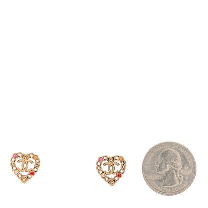 Chanel Pearl Crystal CC Heart Earrings Gold Multicolor 2 of 4