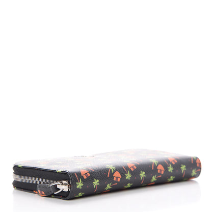 Prada Saffiano Palm Tree Print Zip Around Wallet Black 4 of 9