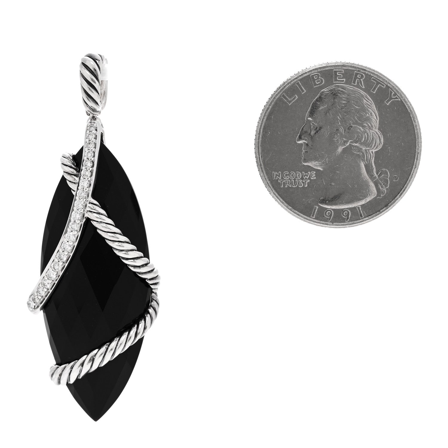 David Yurman Sterling Silver Black Onyx Diamond 16mm Cable Wrap Enhancer Pendant 2 of 4