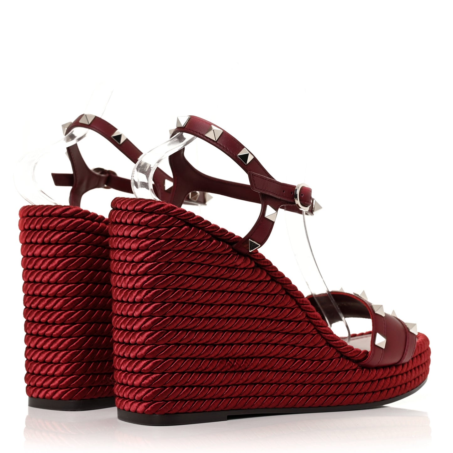 Silk Calfskin Rockstud Torchon Espadrille 25/115mm Wedge Sandals 41 Cerise