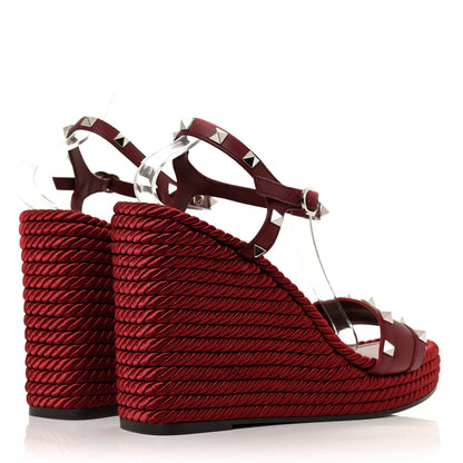 Valentino Garavani Silk Calfskin Rockstud Torchon Espadrille 25/115mm Wedge Sandals 41 Cerise 4 of 7