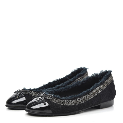 Chanel Tweed Patent Cap Toe Ballerina Flats 37.5 Black 3 of 7