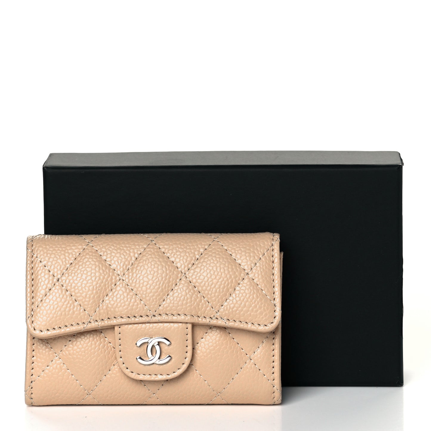 Caviar Quilted Flap Card Holder Wallet Beige