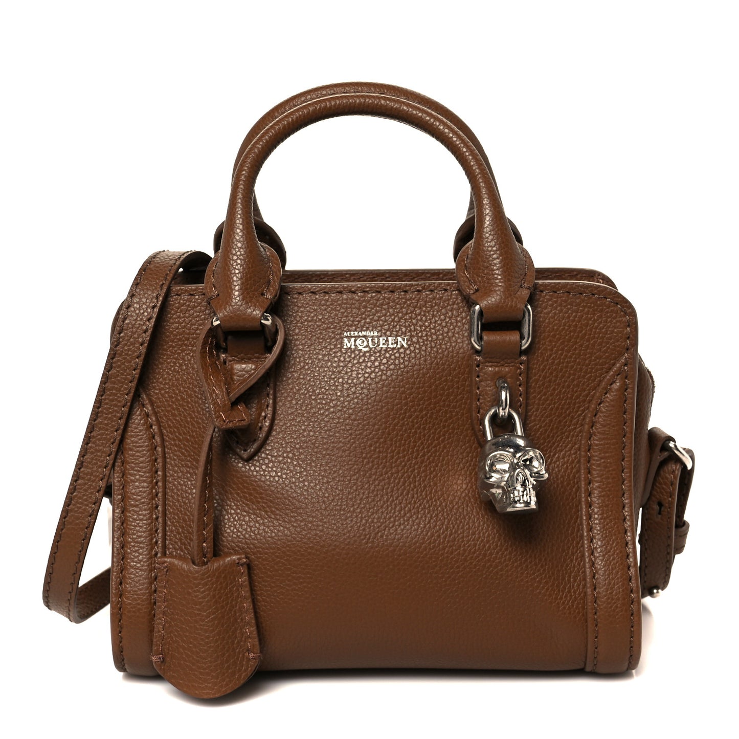 Pebbled Calfskin Mini Skull Padlock Zip Around Tote Brown