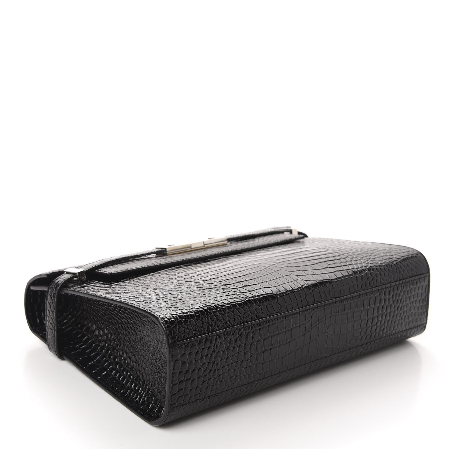 Saint Laurent Shiny Calfskin Crocodile Embossed Manhattan Baguette Black 4 of 10