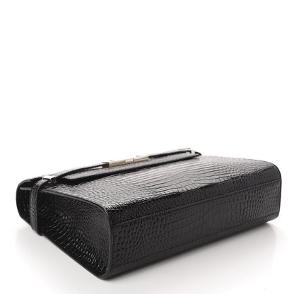 Saint Laurent Shiny Calfskin Crocodile Embossed Manhattan Baguette Black 4 of 10