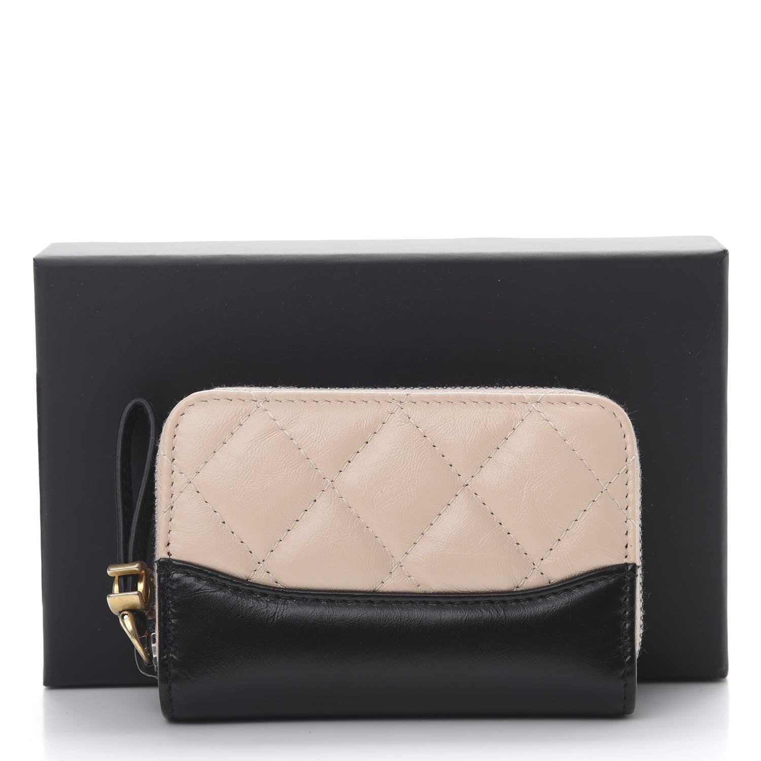 Chanel Aged Calfskin Quilted Gabrielle Zip Around Coin Purse Wallet Beige Black 8 of 8