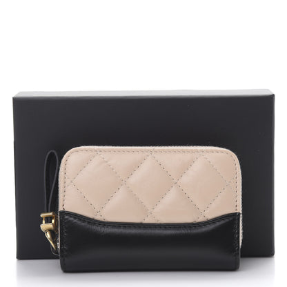 Chanel Aged Calfskin Quilted Gabrielle Zip Around Coin Purse Wallet Beige Black 8 of 8