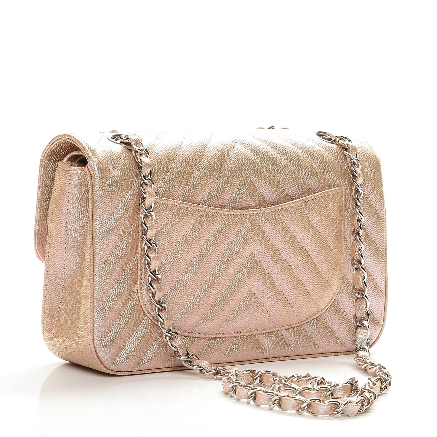 Iridescent Caviar Chevron Quilted Small Double Flap Light Gold