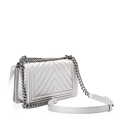 Chanel Metallic Caviar Chevron Quilted Medium Boy Flap Silver 3 of 11