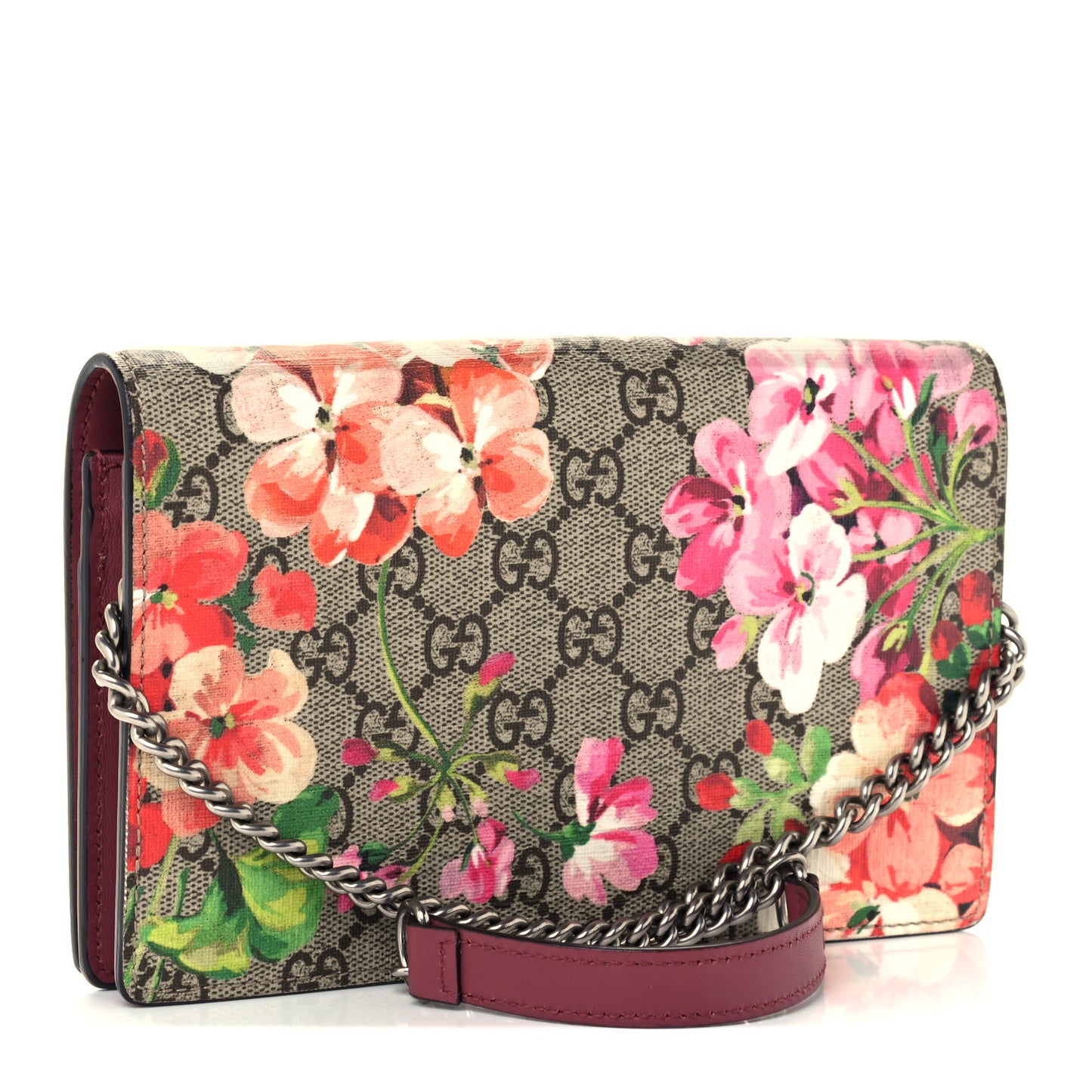 GG Supreme Monogram Blooms Chain Wallet Beige Multicolor Dry Rose