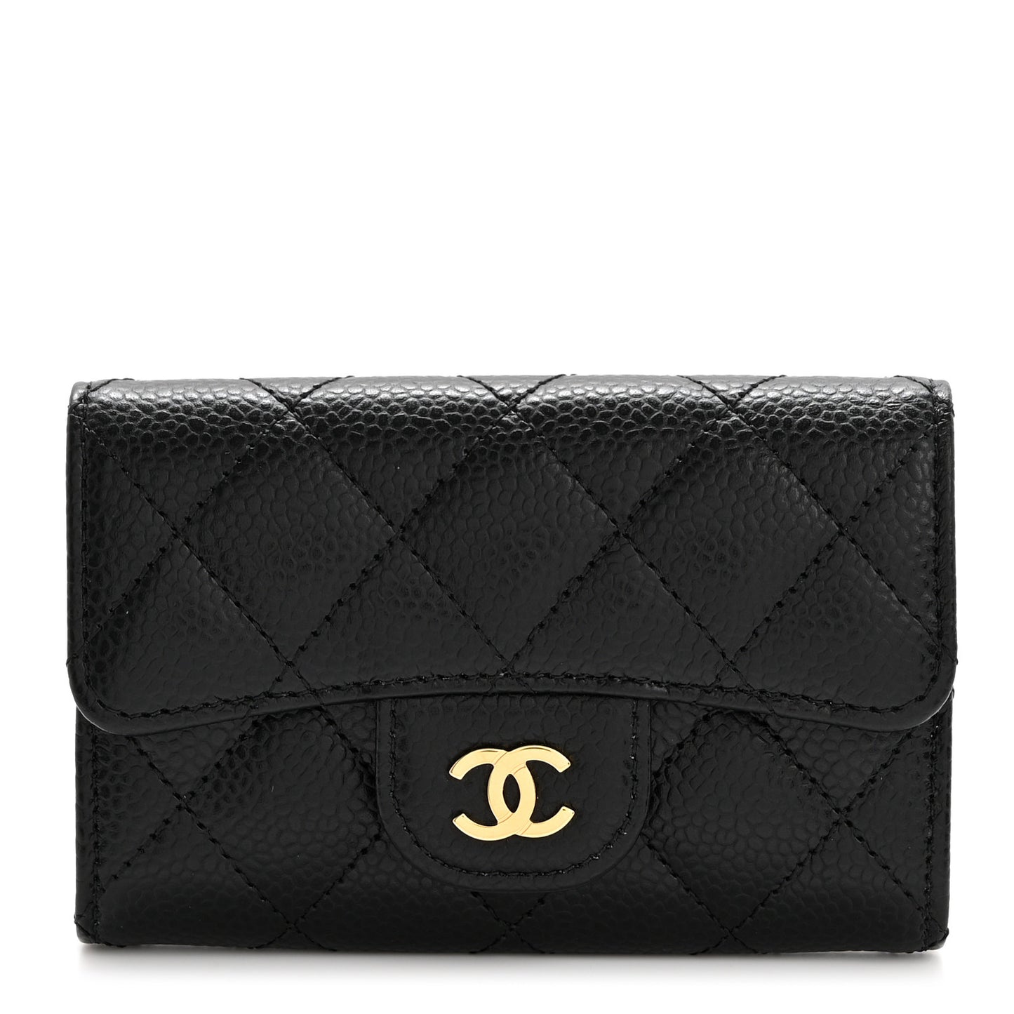 Caviar Quilted Flap Card Holder Wallet Black