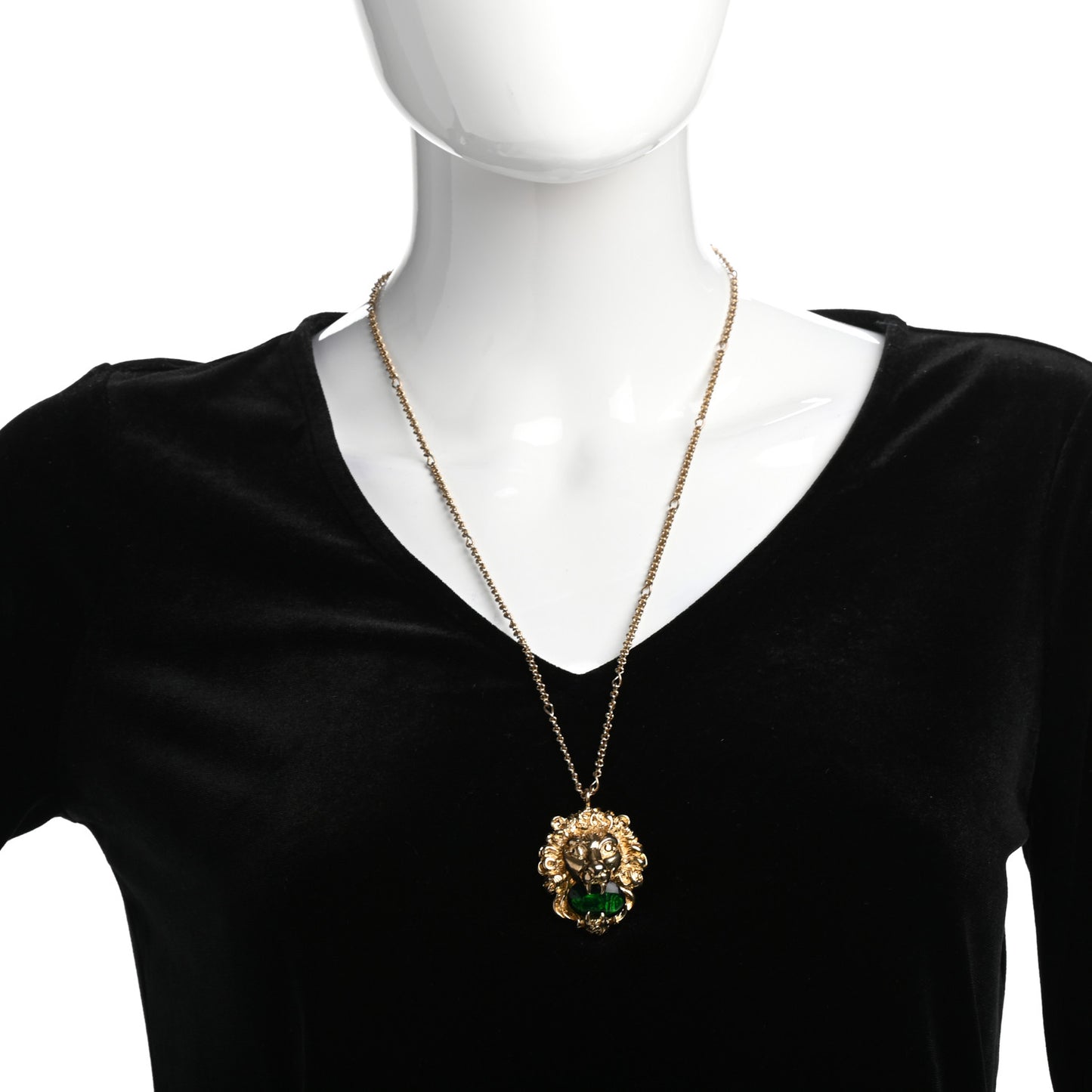 Metal Brass Swarovski Lion Head Necklace Gold Green