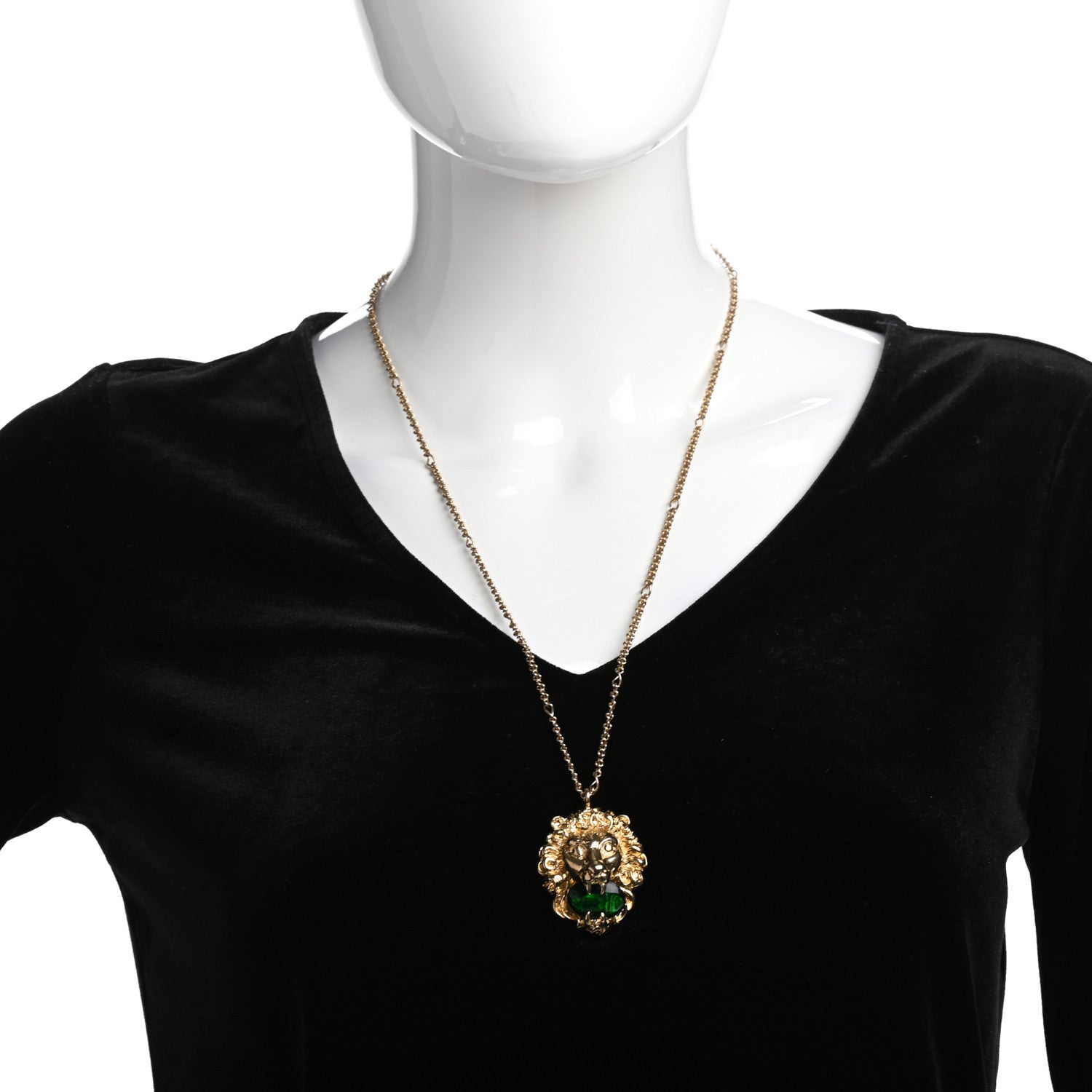 Gucci Metal Brass Swarovski Lion Head Necklace Gold Green 2 of 5