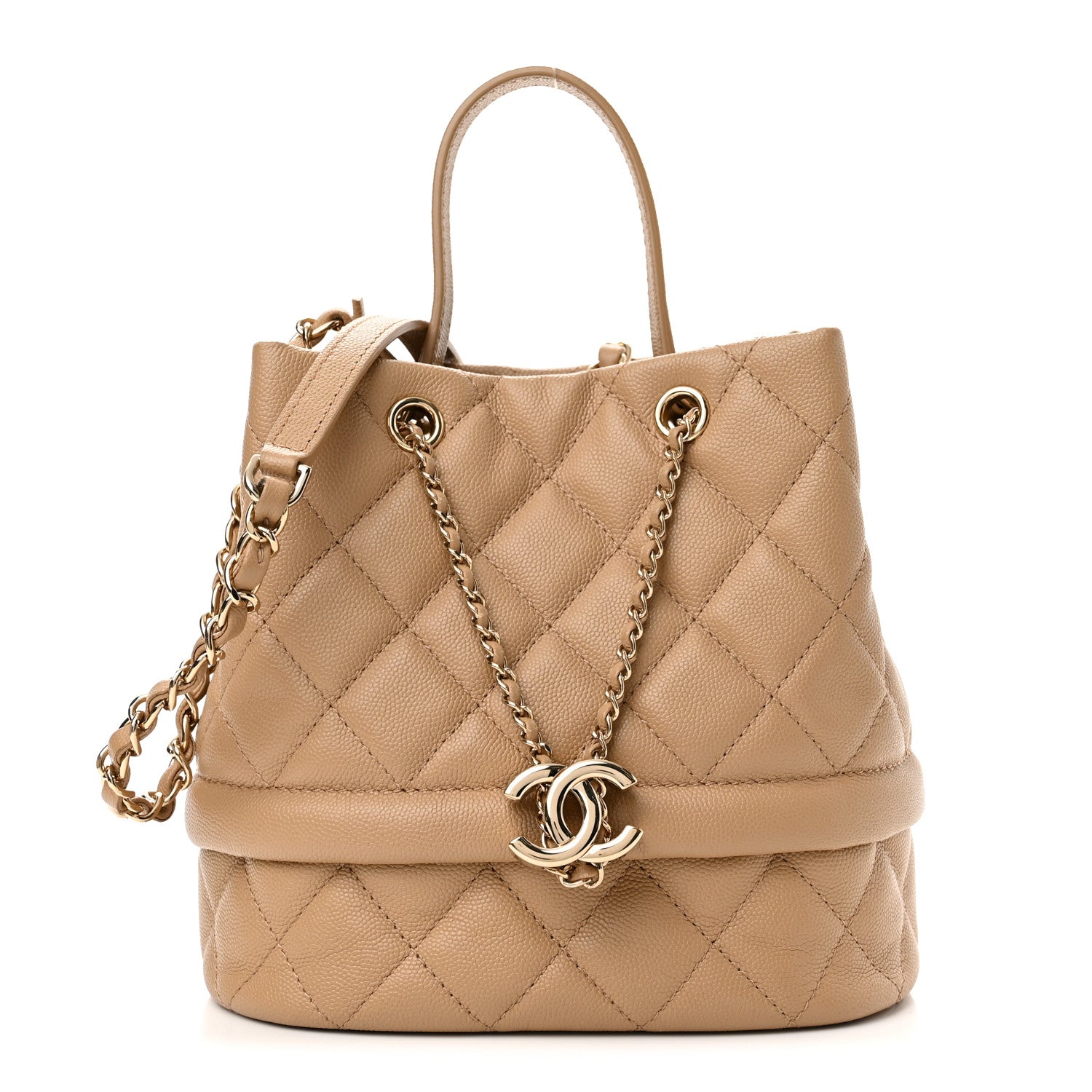 Chanel Caviar Quilted Rolled Up Bucket Drawstring Bag Beige 1 of 10
