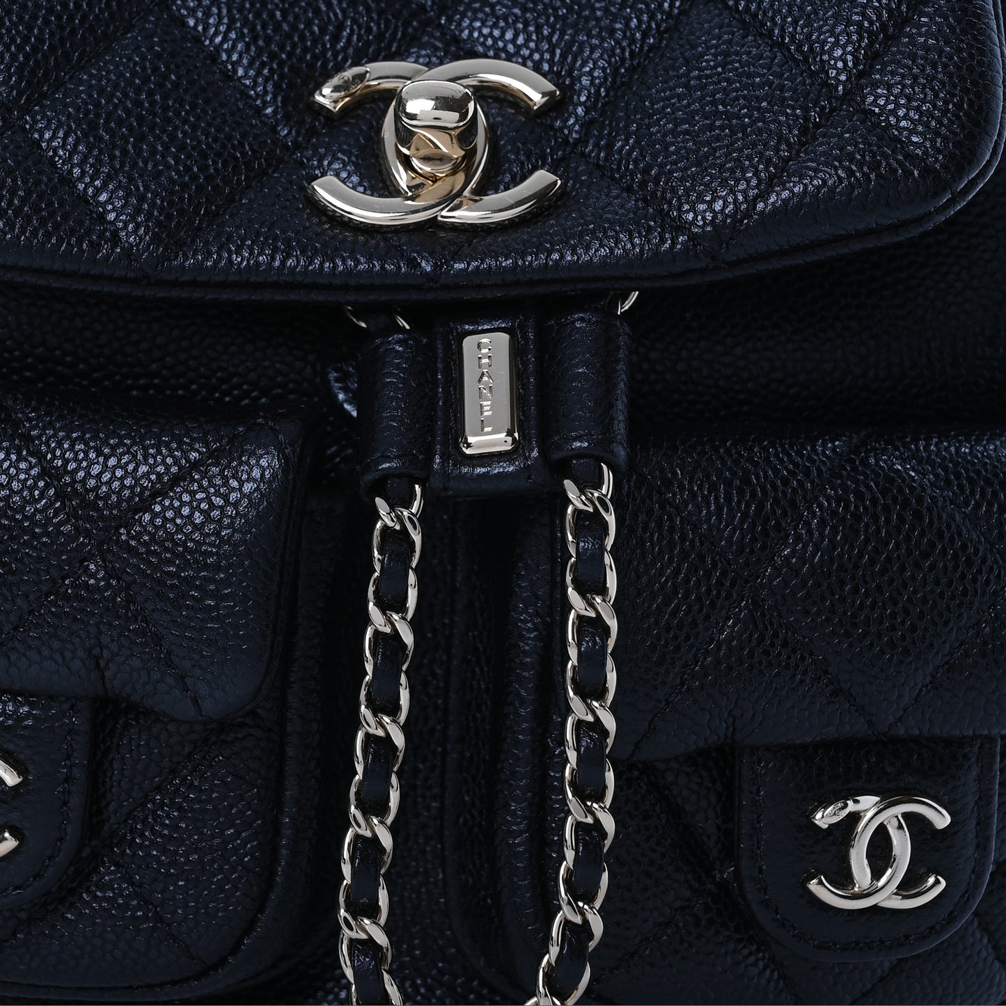 Shiny Caviar Quilted Small Duma Pockets Drawstring Backpack Black